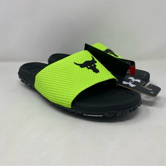Under Armour Project Rock Slides Mens 12 Michelin Charged Cushioning Lime Green - Picture 1 of 9